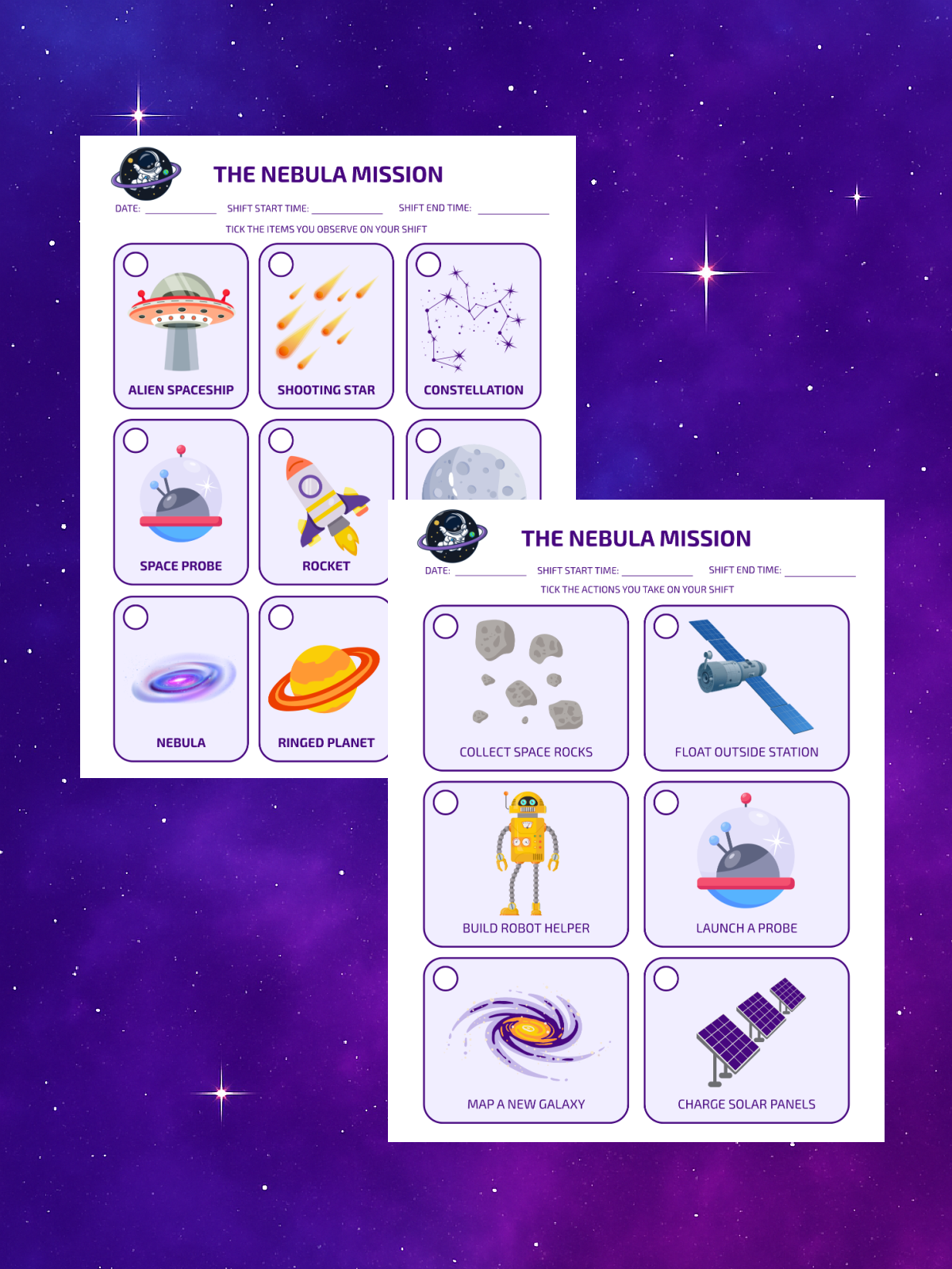 Pretend Play- mission printable pdf files with images and purple- kids activities blog