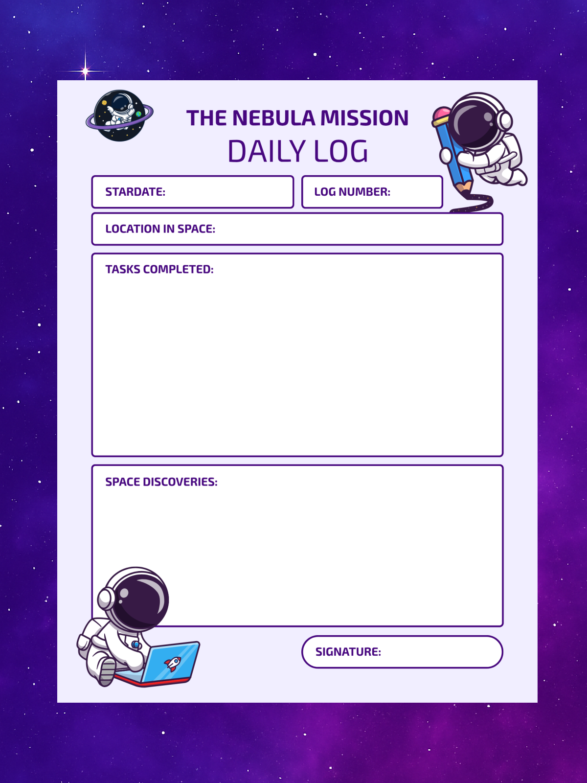 Space printables- daily log with space to write printed pdf file- kids activities blog