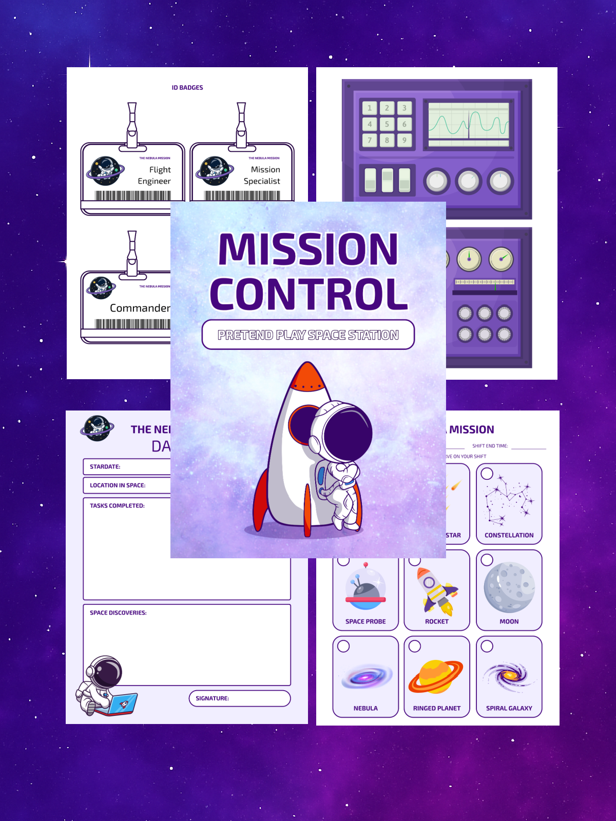 Space printables printed pdf files in color and black and white against a purple and starry sky- kids activities blog