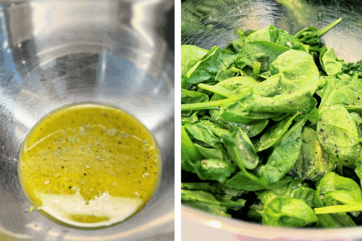 homemade lime and garlic vinaigrette shown next to finished and dressed spinach salad