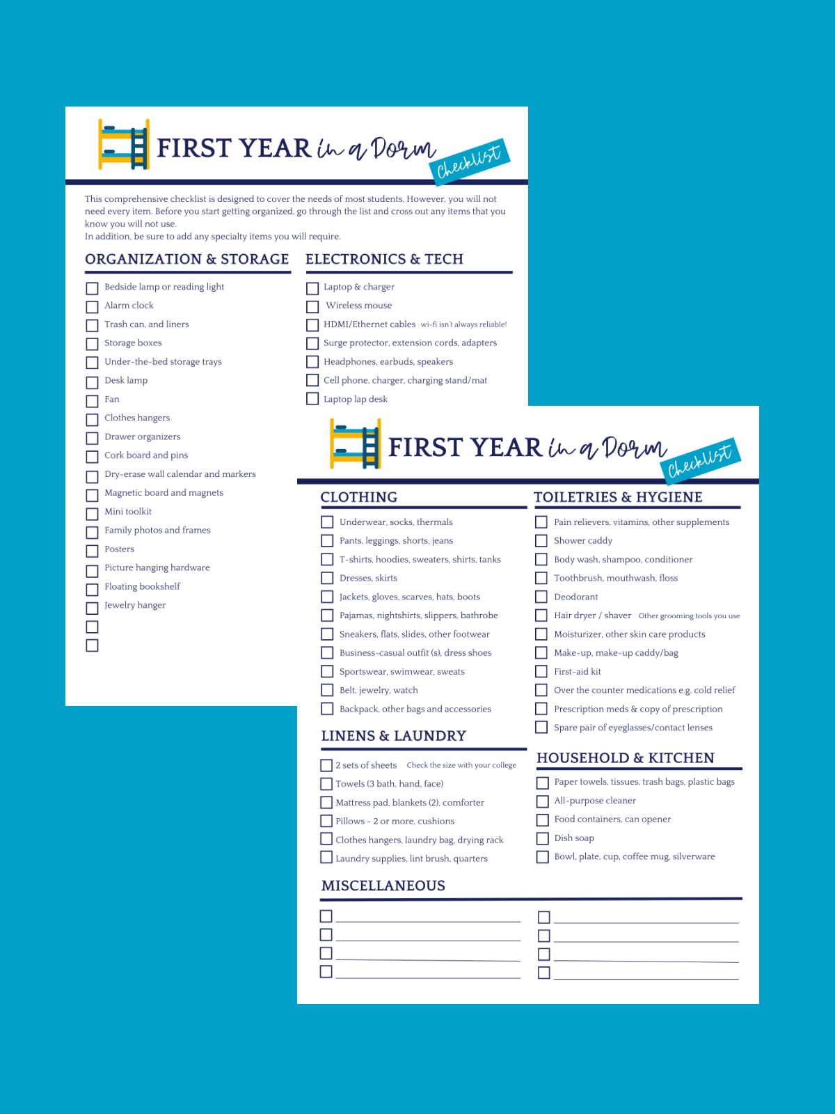 College Dorm Checklist- Page 2 & 3- Dorm list with boxes and lines printed pdf file- Kids Activities Blog