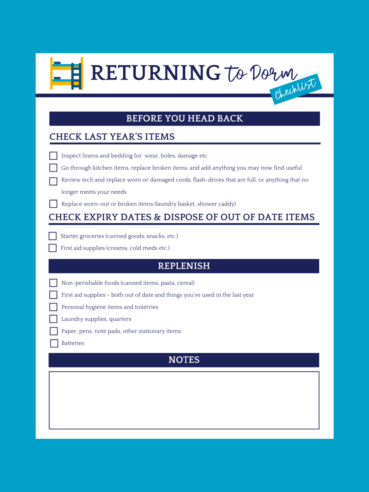 College Dorm Checklist- Page 4- Returning dorm page on blue background printed pdf file- Kids Activities Blog