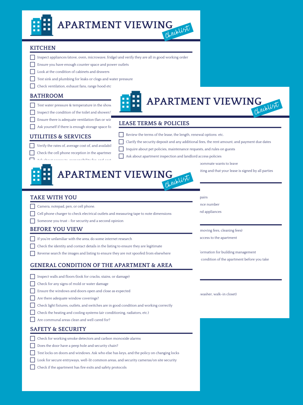 College Dorm Checklist- Page 5, 6, 7- Apartment viewing checklist printed pdf file on blue background- Kids Activities Blog