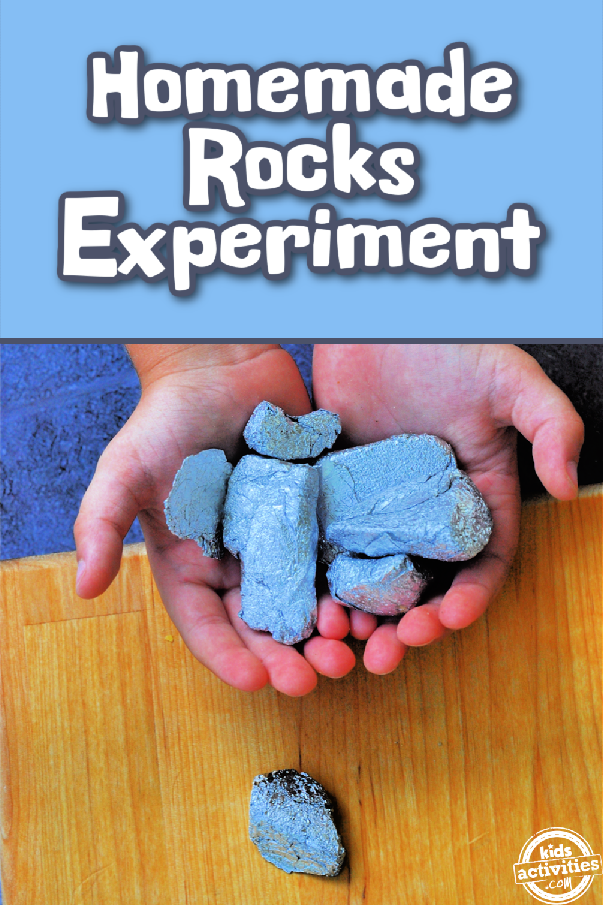 Rock Science Experiment- hand holding aluminum foil rocks and text- kids activities blog