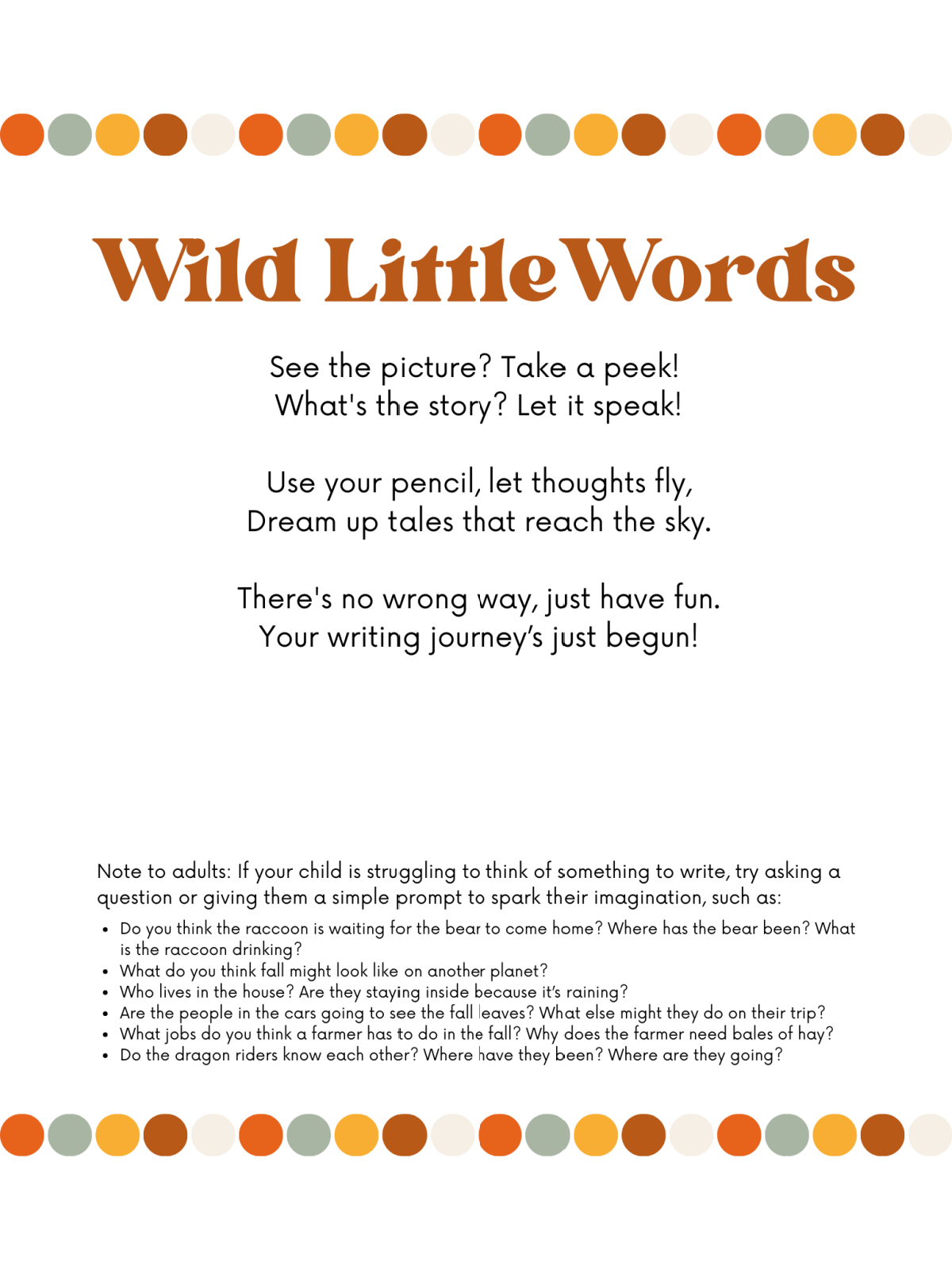 Writing Prompt- instructions- text both colored and black and white with polka dots printed pdf file- kids activities blog