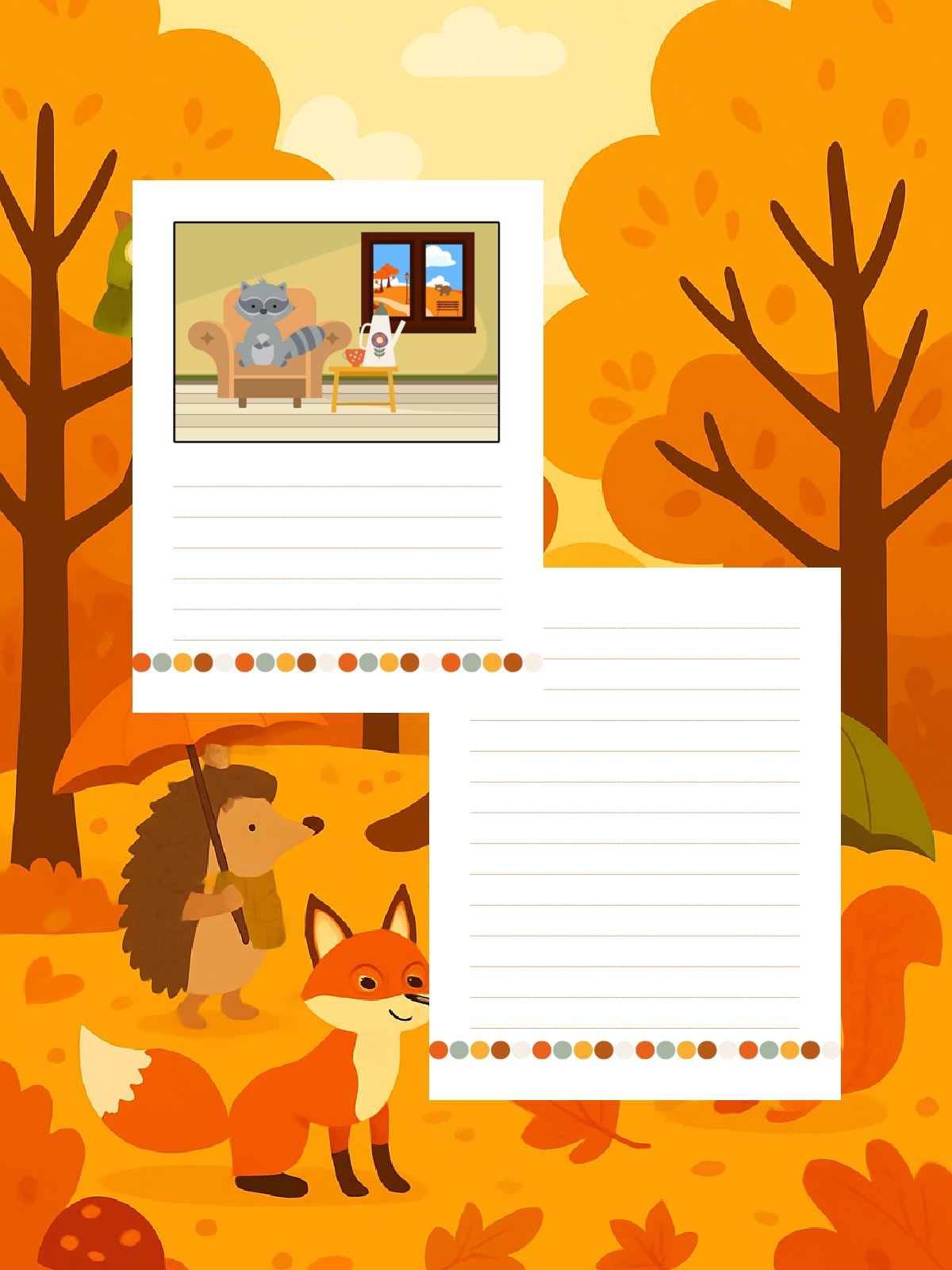 Fall Writing Prompt- Racoon writing prompt with a blank page colored printed pdf file against a fall background- Kids Activities Blog