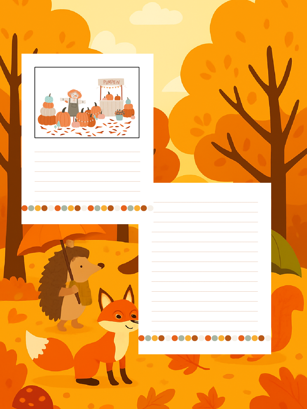 Fall Writing Prompt- scarecrow writing prompt with a blank page colored printed pdf file against a fall background- Kids Activities Blog
