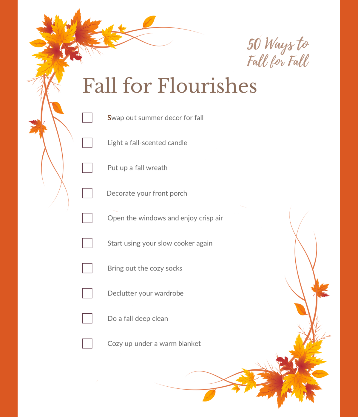 Fall Printables- list with check boxes, leaves, and text, orange white printed pdf file- kids activities blog