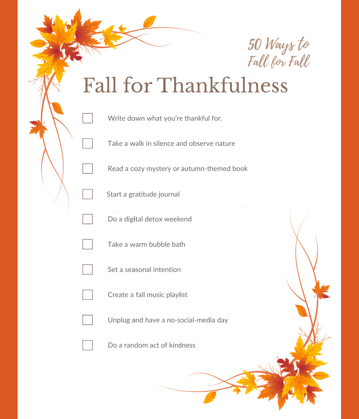 Fall printables with leaves, texts, orange and white printed pdf file- kids activities blog