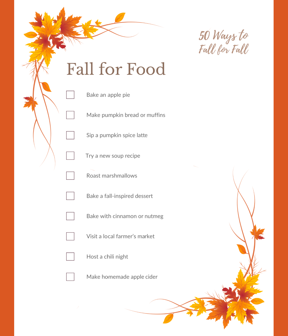 Fall printables- orange and white, with leaves and text printed pdf file- kids activities blog
