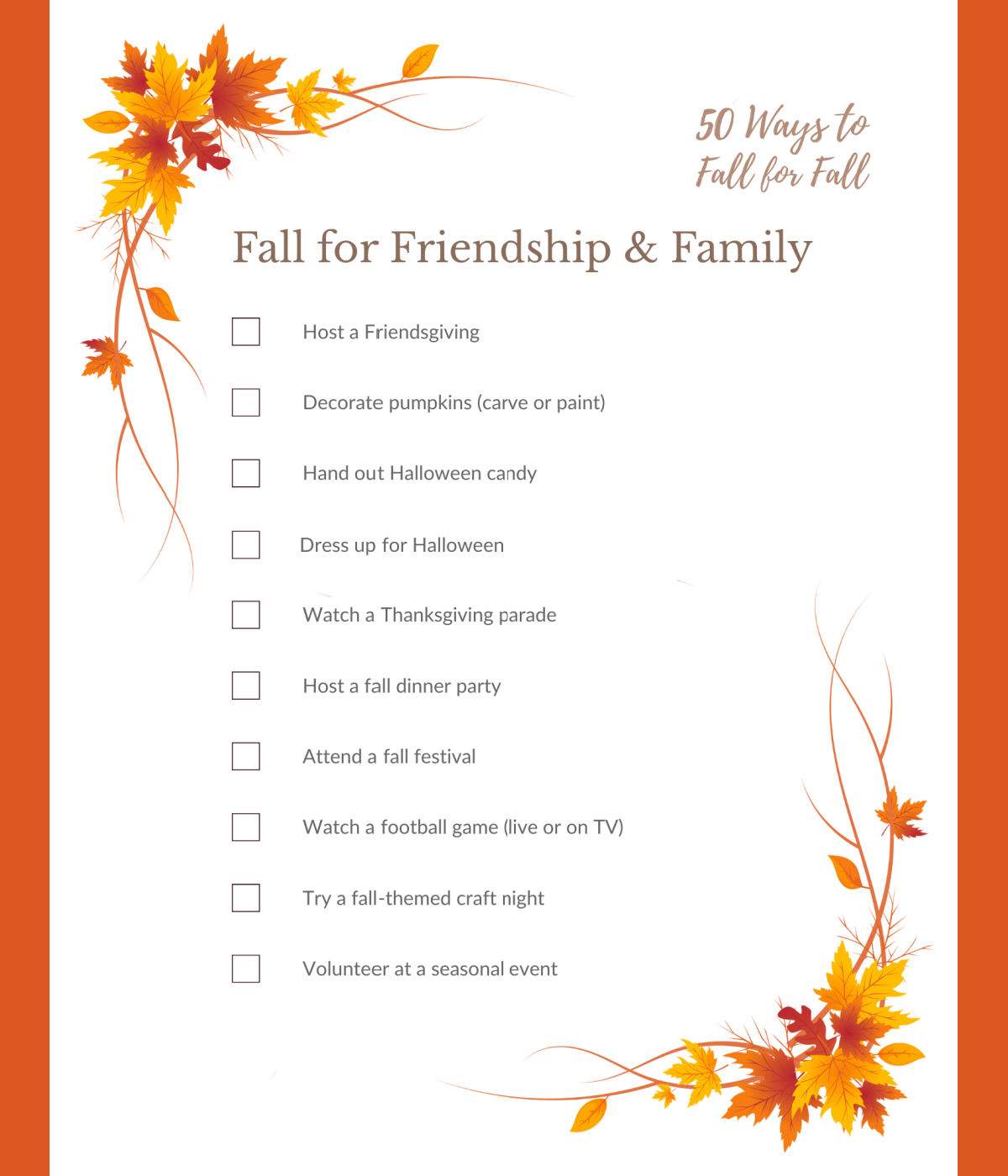 Fall printable- orange and white text printed pdf file- kids activities blog