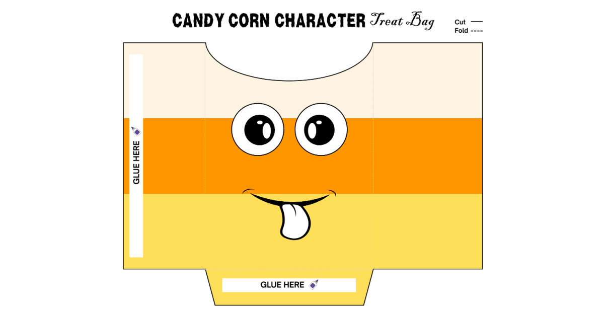 Halloween Treat Bags- Step 1- printable candy corn character with instructions against white page printed pdf file- kids activities blog