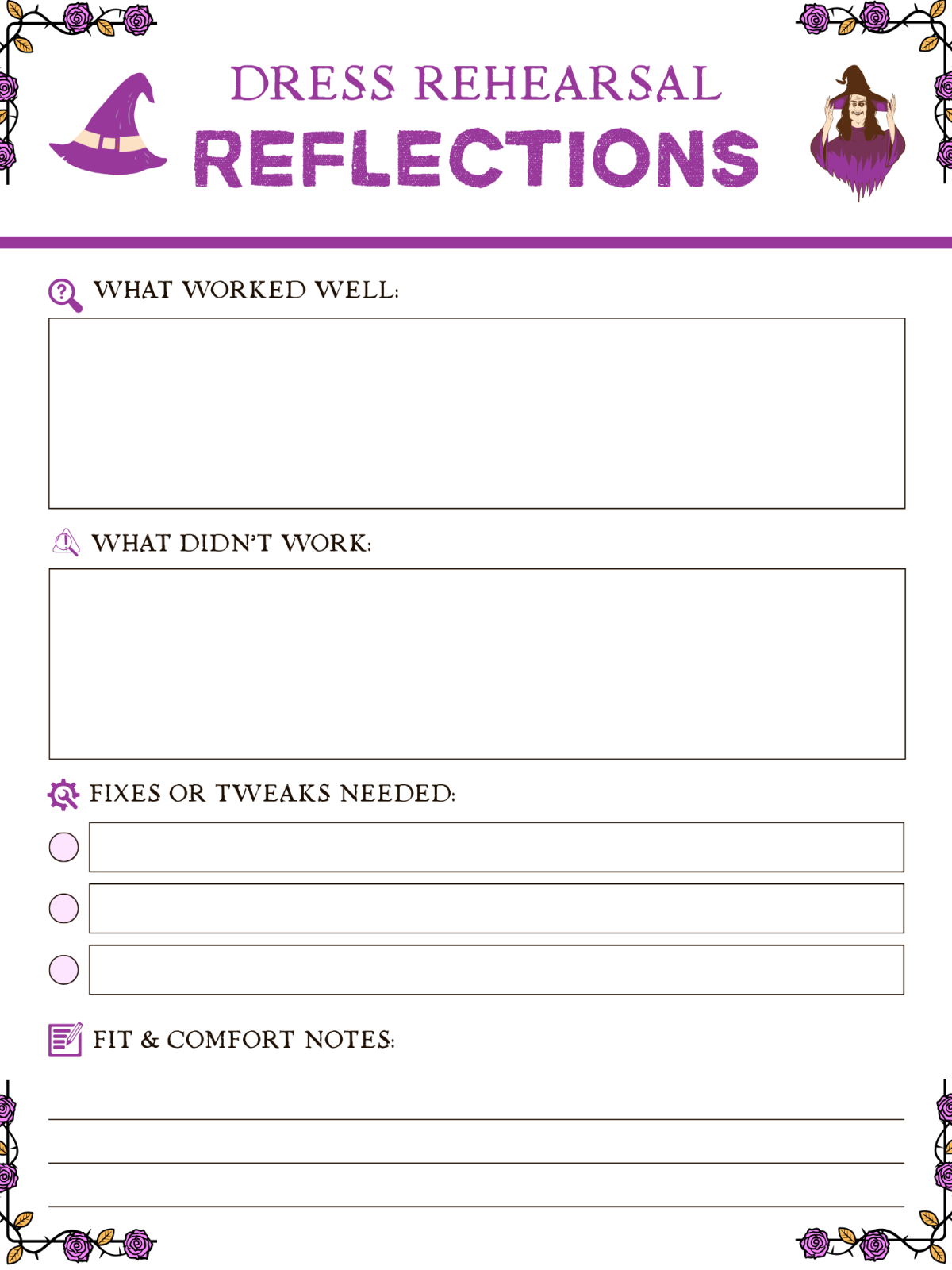 Halloween Planner-dress rehearsal page with boxes and images in purple printed pdf file - Kids Activities Blog