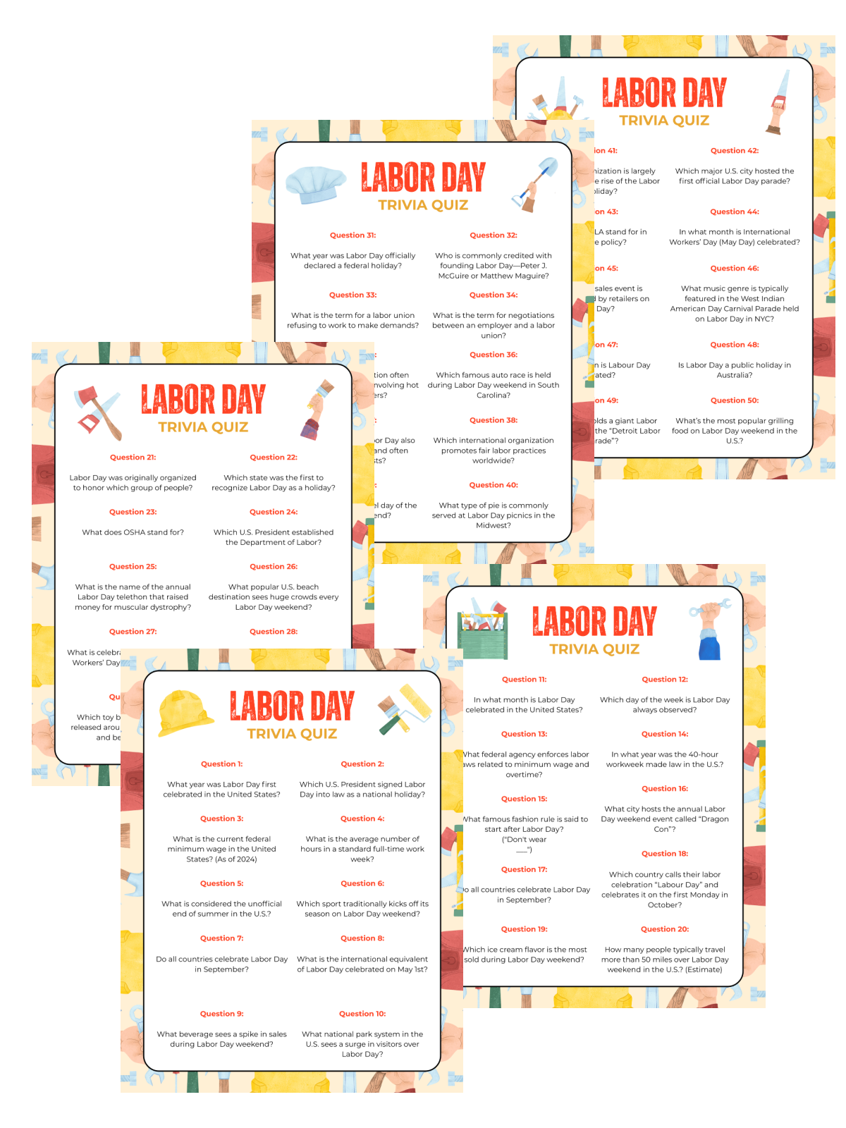 Labor Day Trivia Quiz- 50 questions on 5 printables with images and color printed pdf file- kids activities blog