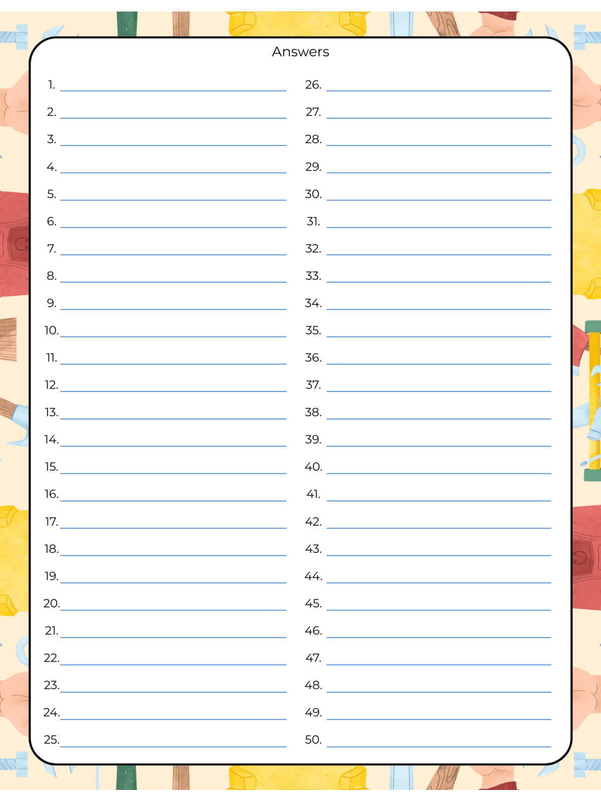 Labor Day Trivia Quiz- blank page with numbers and lines with colored border printed pdf file- kids activities blog