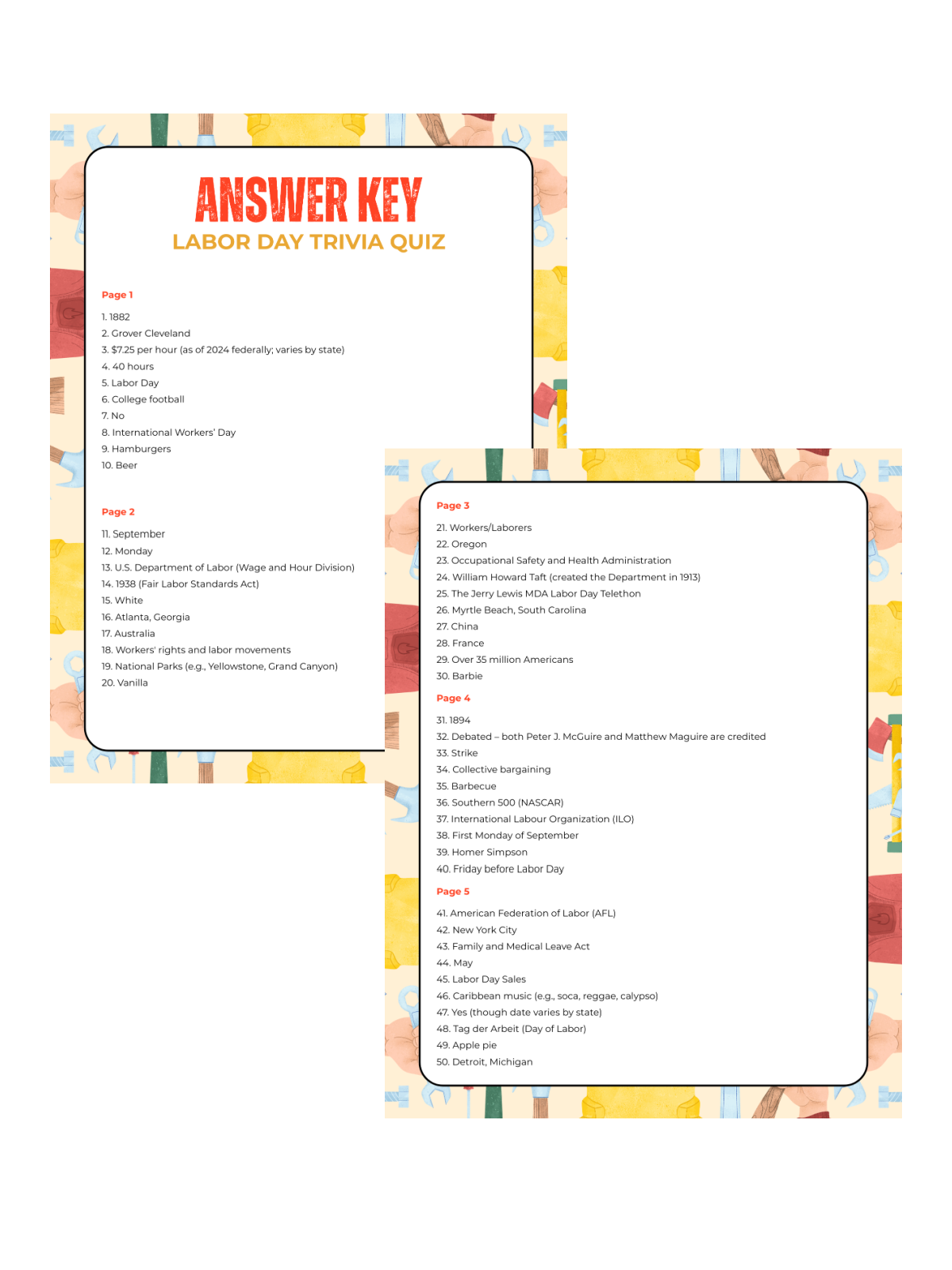 Labor Day Trivia- answer keys 2 pages with black and white and colored border printed pdf file- kids activities blog