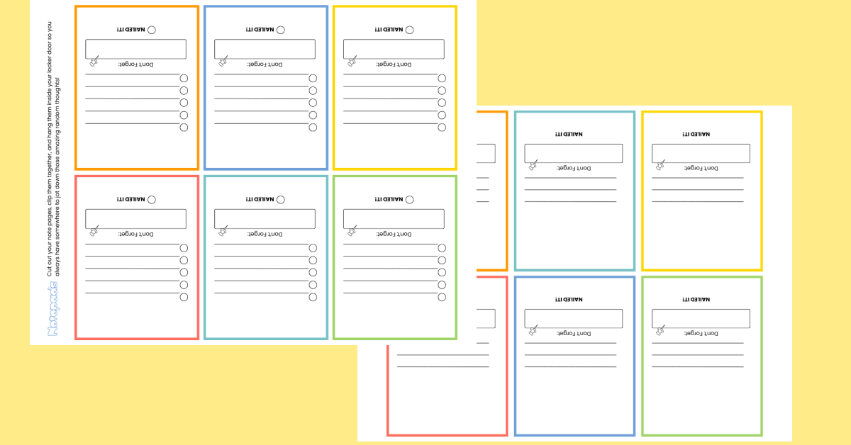 Locker Printable- colorful notepad cards with text and spaces printed pdf file - Kids Activities Blog