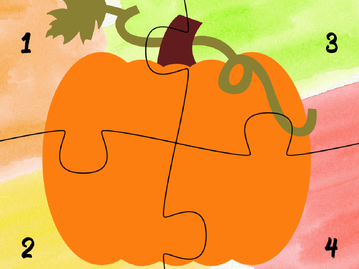 Pumpkin Puzzle- colorful background with orange pumpkin and 4 puzzle pieces printed pdf file- kids activities blog