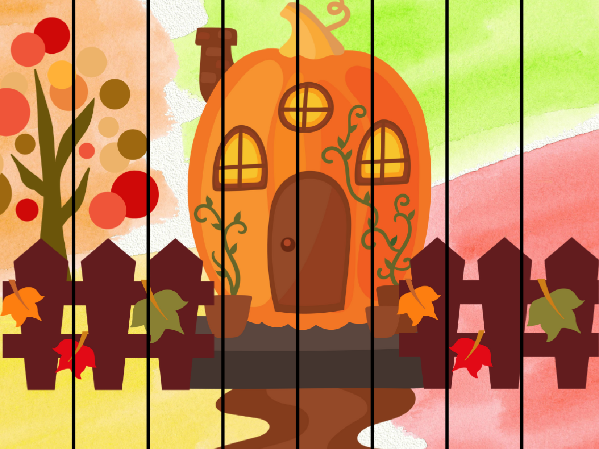 Pumpkin Puzzle- 8 pieces with a colorful background and a pumpkin house printed pdf file- kids activities blog