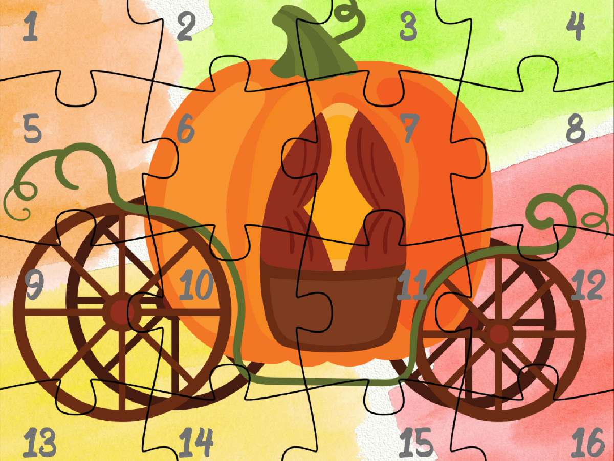Pumpkin Puzzle- 16 piece puzzle with colorful background and a pumpkin carriage printed pdf file- kids activities blog