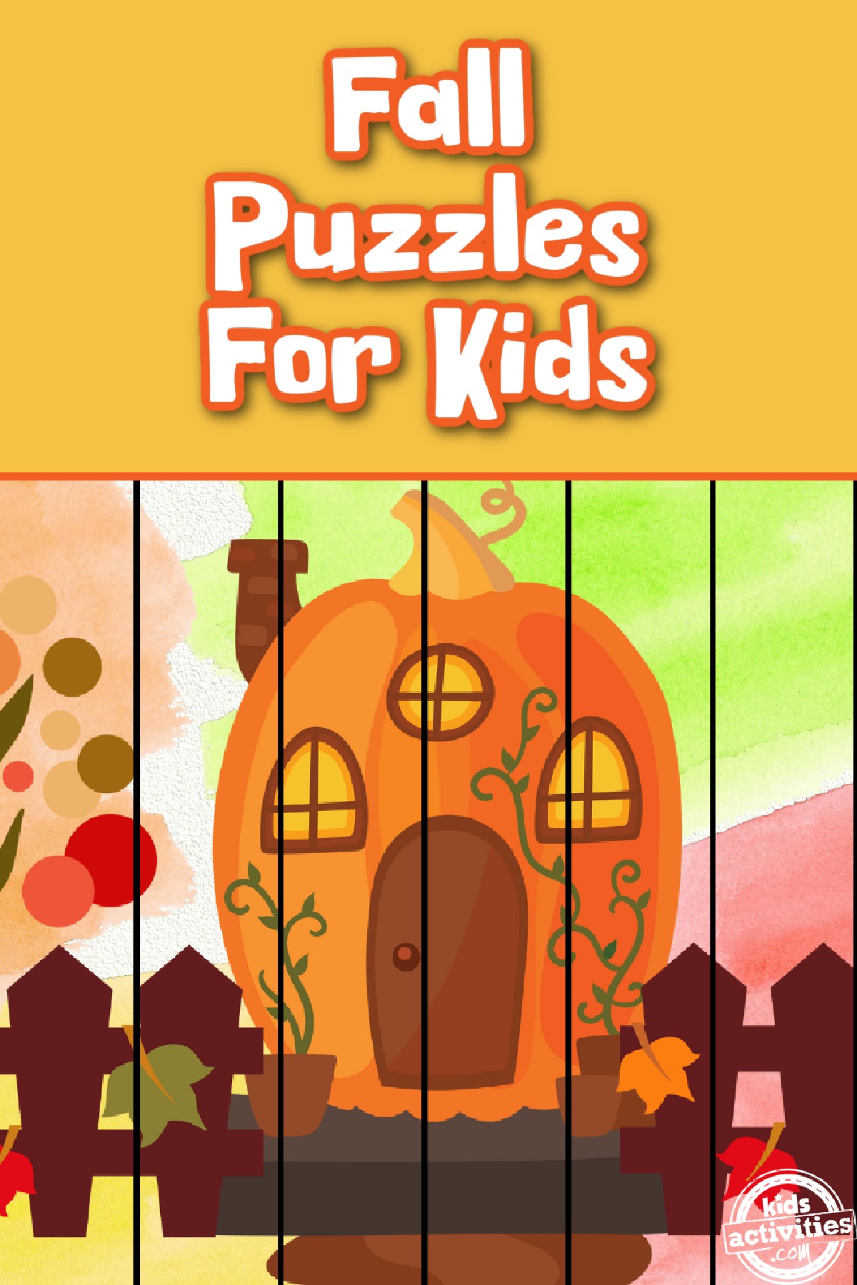 Printable Puzzle- pumpkin house with lines and colors and text- kids activities blog