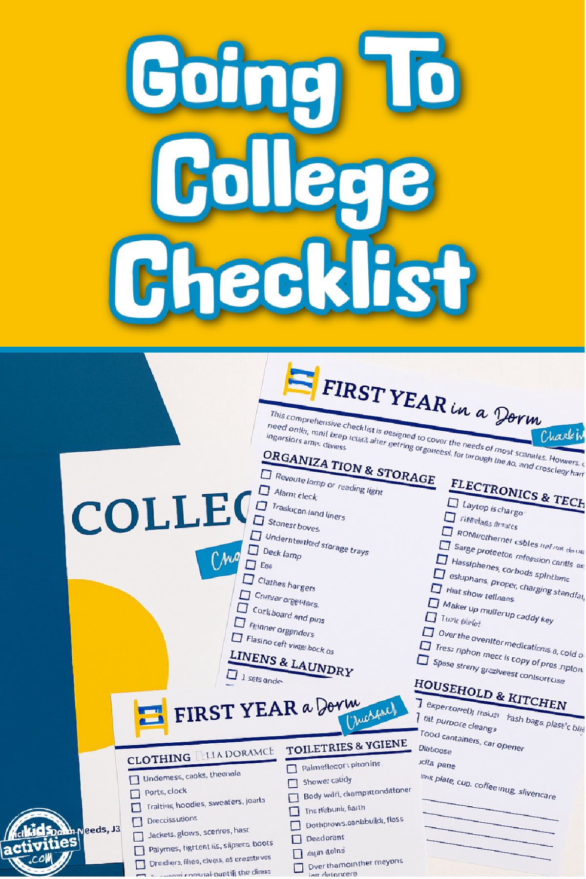 College Dorm Checklist- yellow and blue with printables and text- kids activities blog