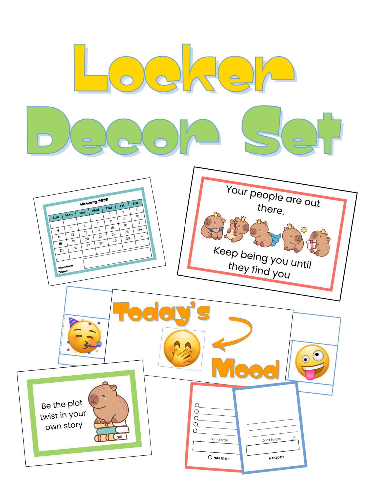 Locker Decor- Cover with text and images in color of the printables in the this printed pdf file - Kids Activities Blog