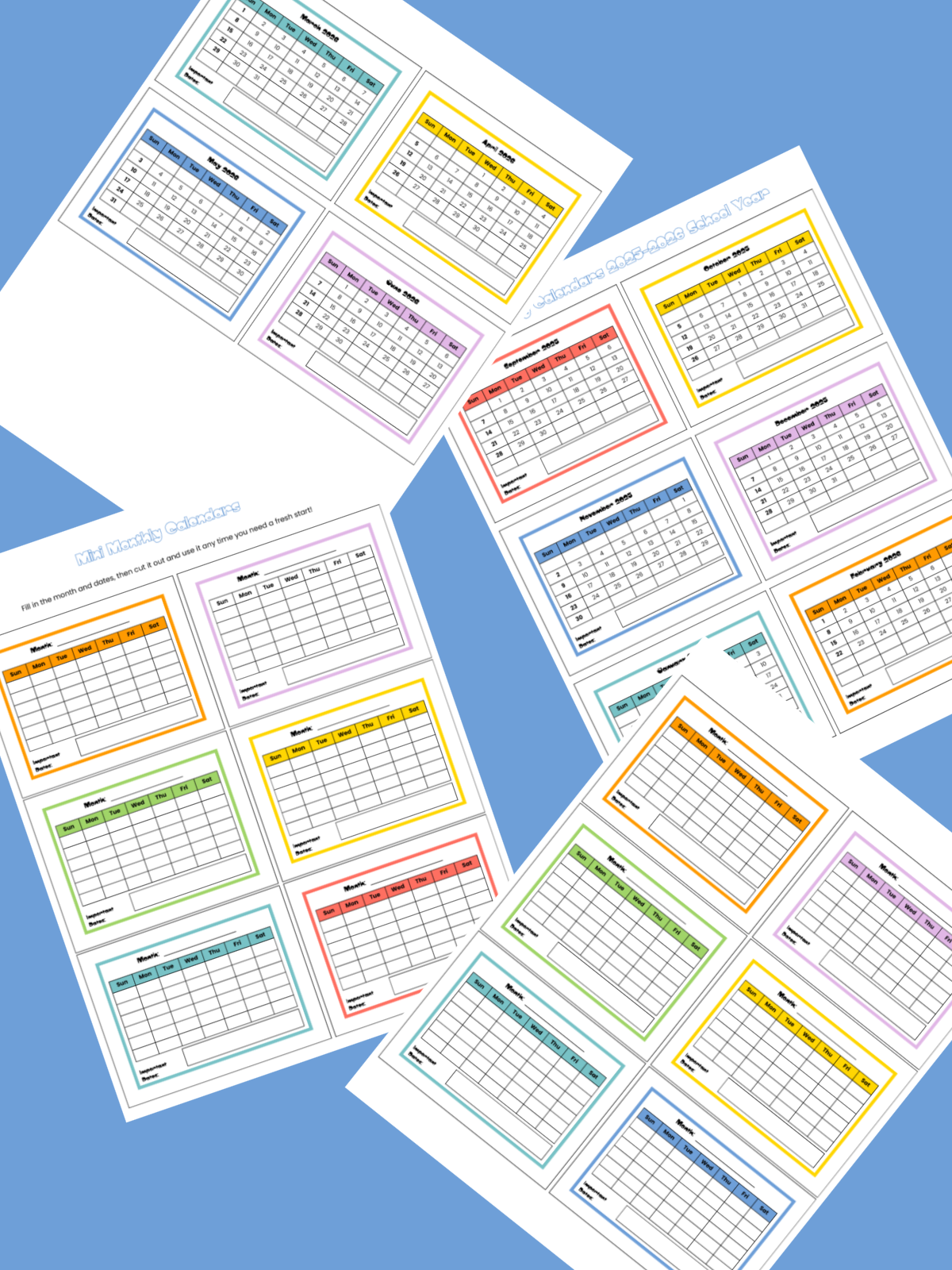 Locker Printable- 4 colorful calendars on blue background printed pdf files- Kids Activities Blog