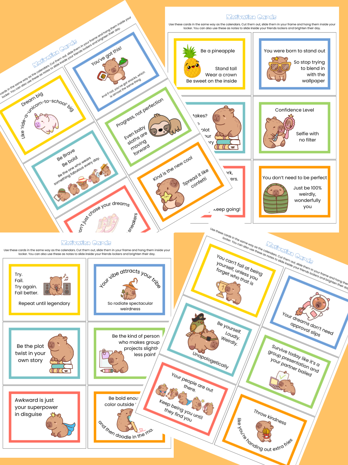 Locker Printable- Motivation cards colored with text printed pdf file on an orange background- Kids Activities Blog