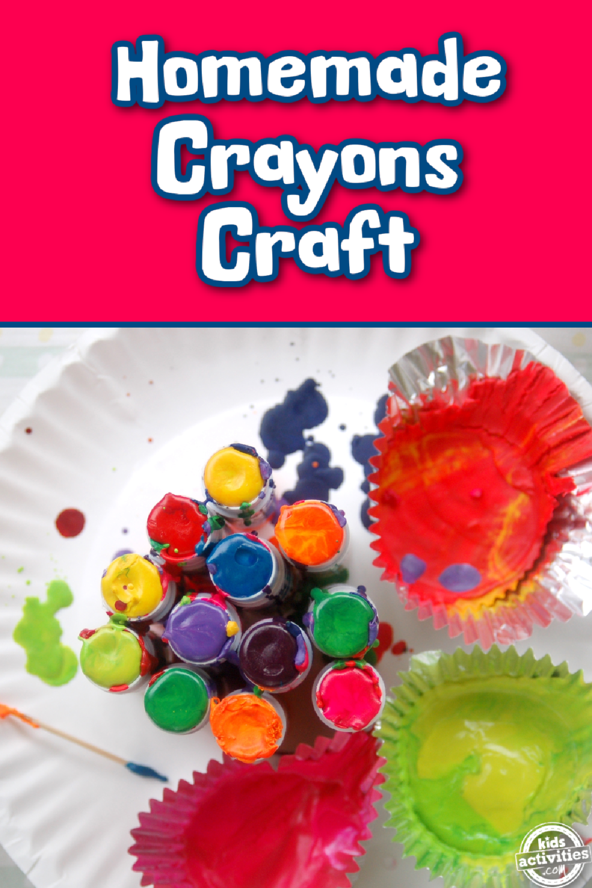 Twistable Crayons- melted crayons in glue containers on a paper plate with text- kids activities blog
