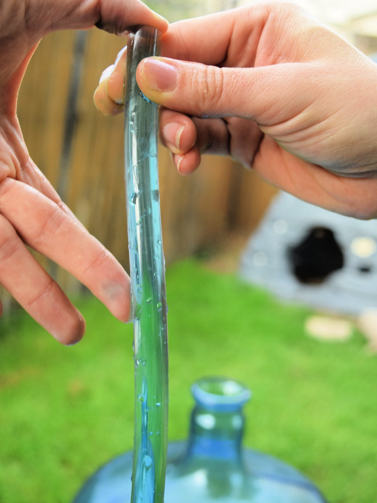 Water Siphon Experiment- step 4- cover the end and move it towards other container outside- kids activities blog