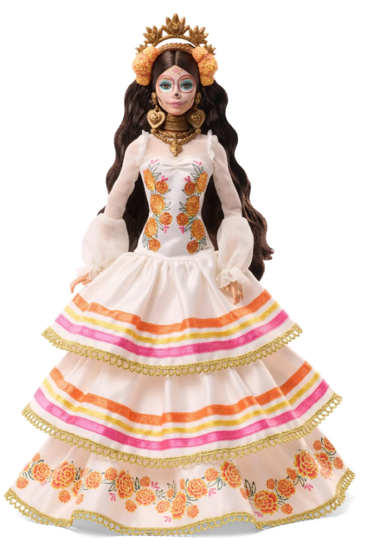 Day of the Dead Barbie- white colorful gown dressed barbie with long dark hair, crown, and jewelry - Kids Activities Blog