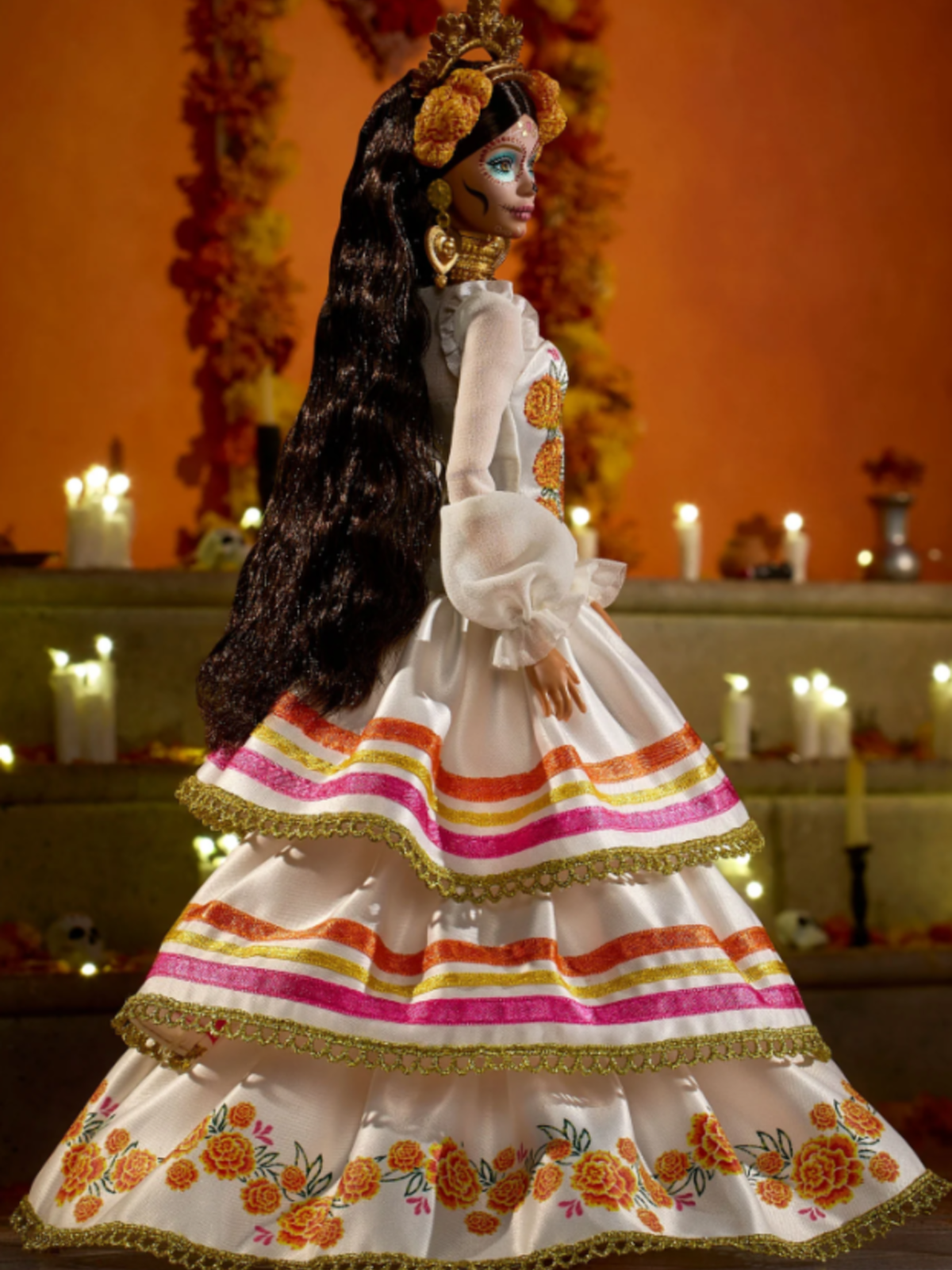Day of the Dead Barbie- Full image on Barbie with long hair, tiara, dress against a festive background- Kids Activities Blog