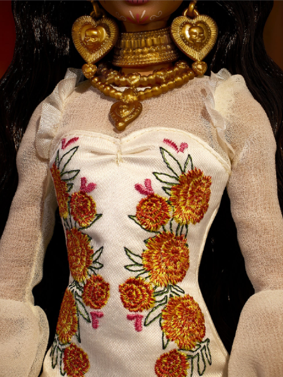 Day of the Dead Barbie- Close up to Barbies dress with embroidery and necklace- Kids Activities Blog
