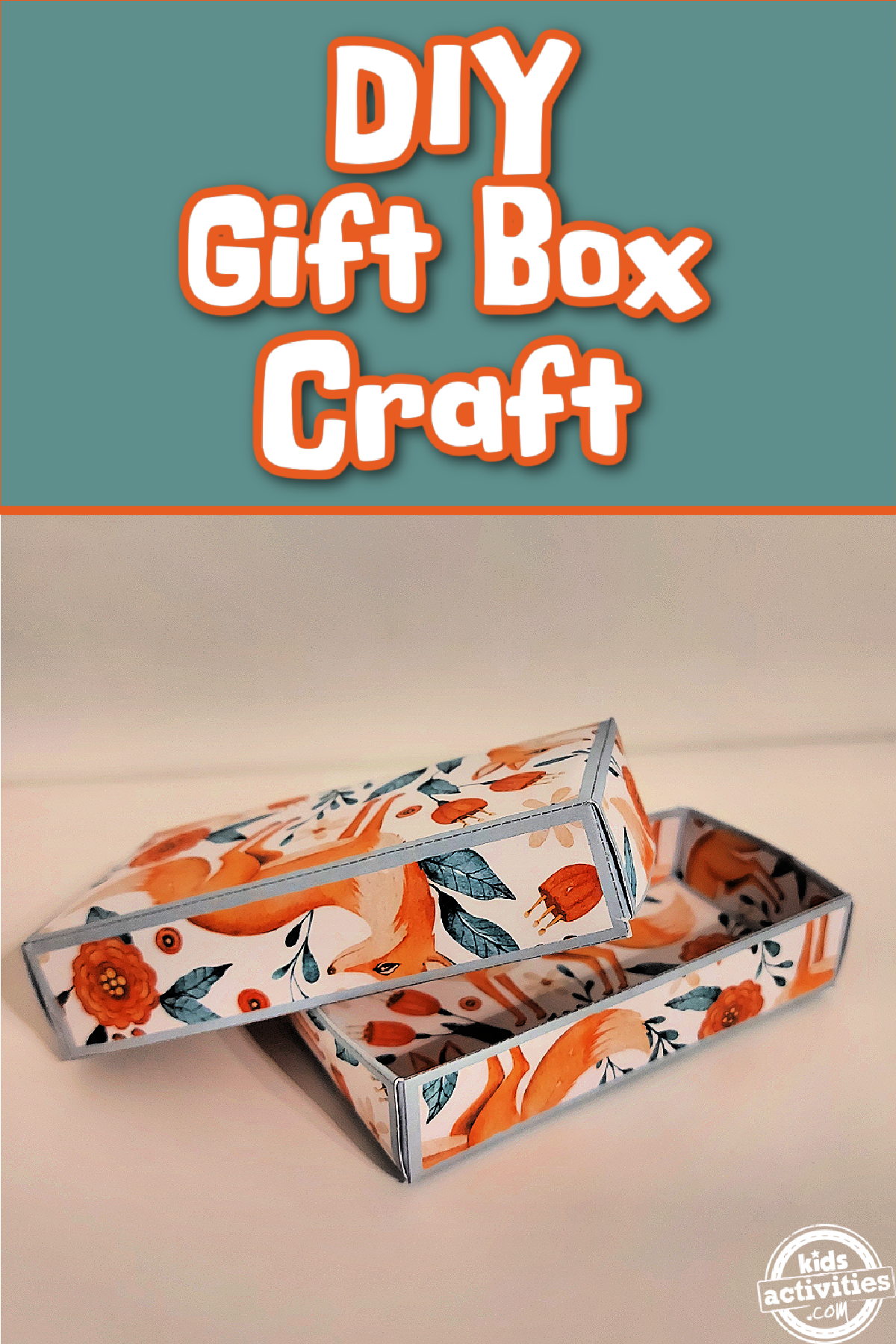 Fall Gift Box- gift box with woodland designs on a white background with green and text- kids activities blog