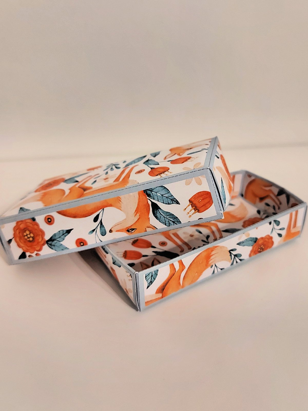 DIY Gift Box- completed- woodland designed gift box on a white table with a white background- kids activities blog