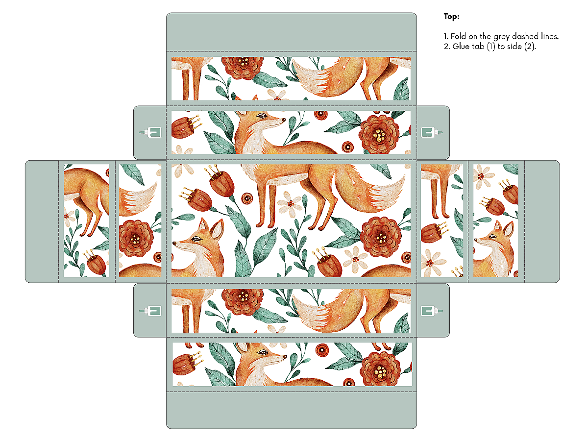 Fall Gift Box- Step 2- top template with woodland designs and instructions printed pdf file- kids activities blog