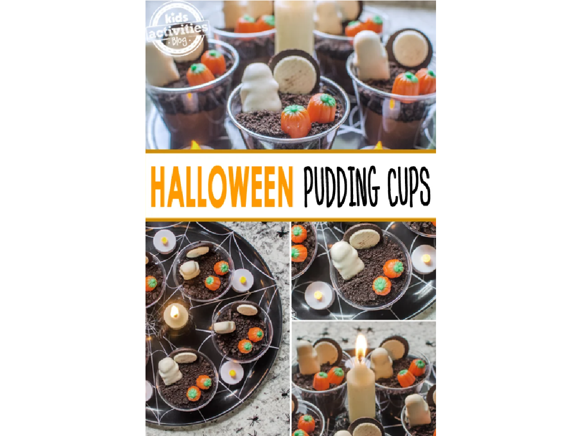 Halloween Recipes- pudding cups with cookie moon, ghost, and pumpkin candy corn -Kids Activities Blog