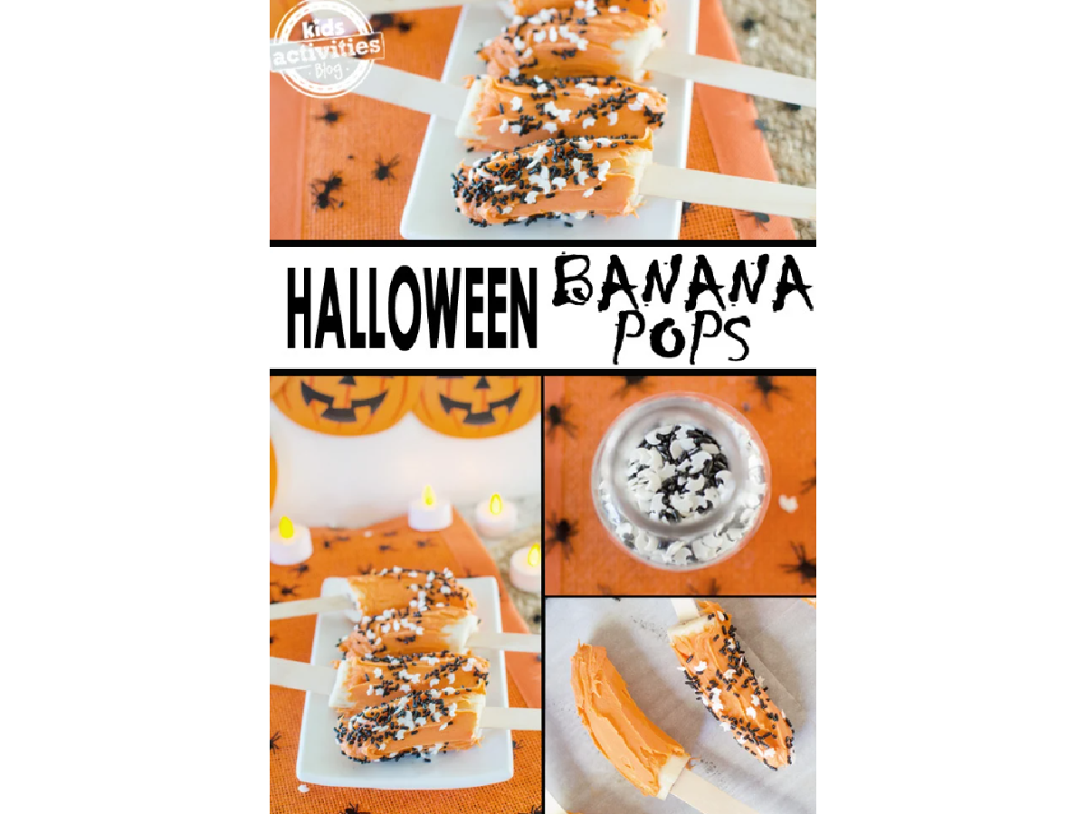 Halloween Recipes- bananas in orange frosting with sprinkles-Kids Activities Blog