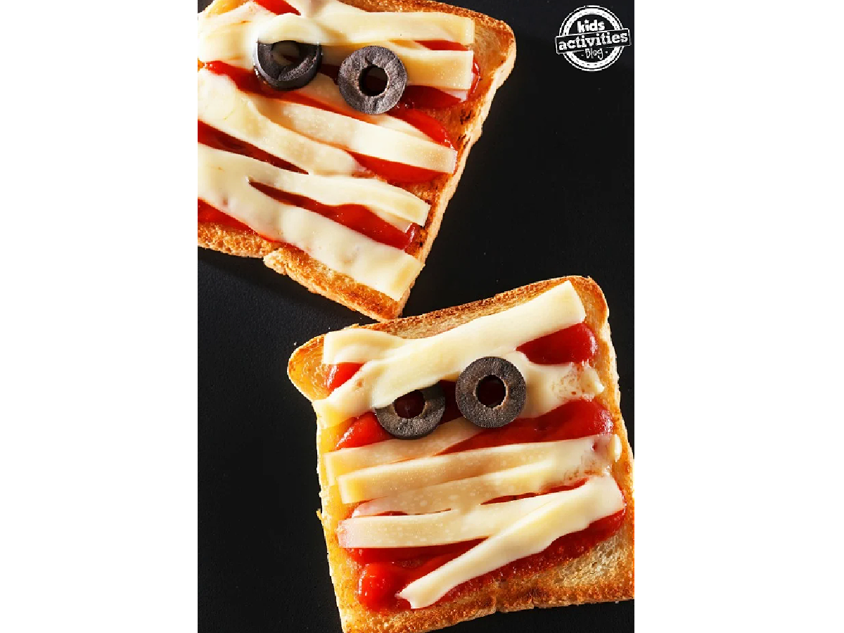 Halloween Recipes- pizza bread with cheese to look like a mummy -Kids Activities Blog