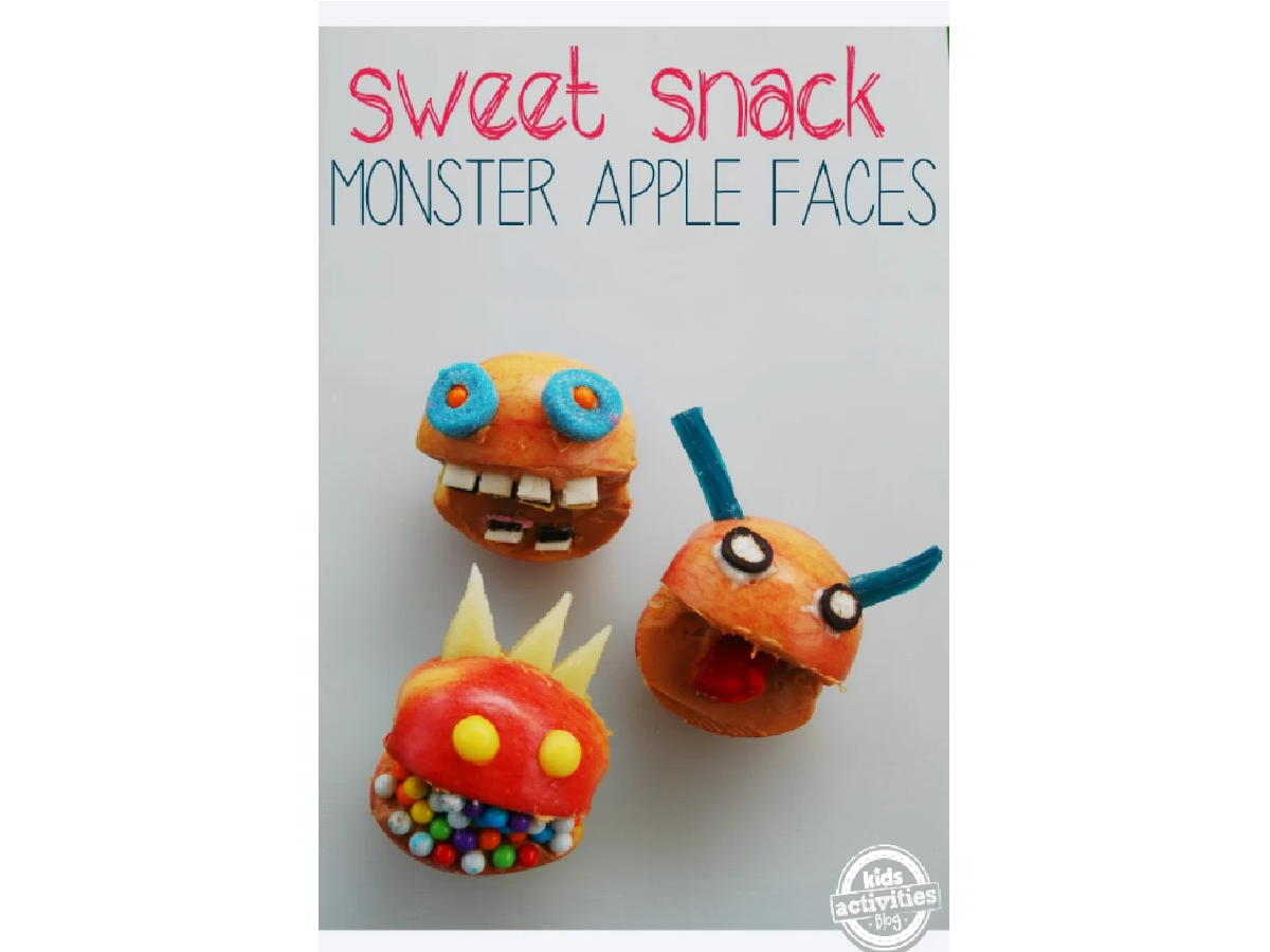 Halloween Recipes- apples with candy to look like monster faces-Kids Activities Blog
