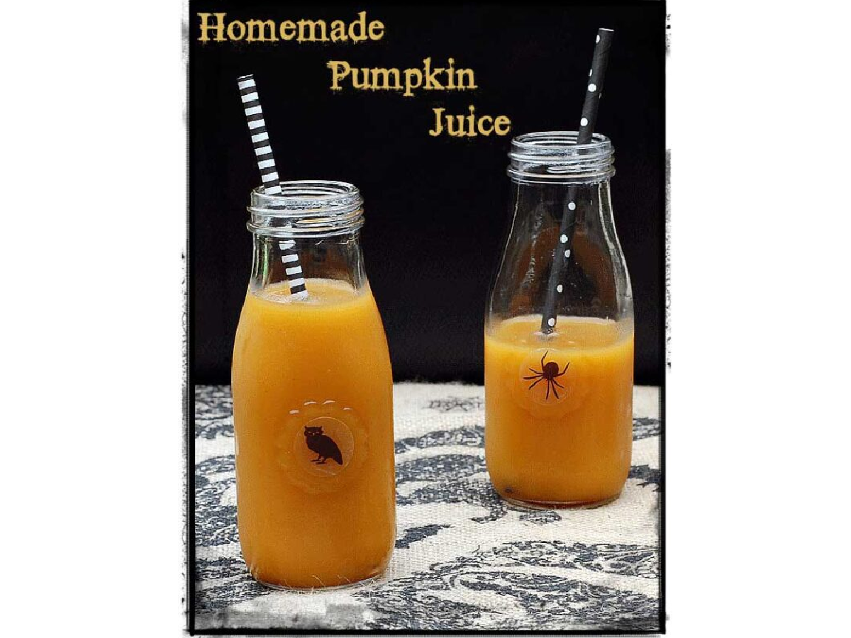Halloween Recipes- pumpkin juice in a bottle with straw -Kids Activities Blog
