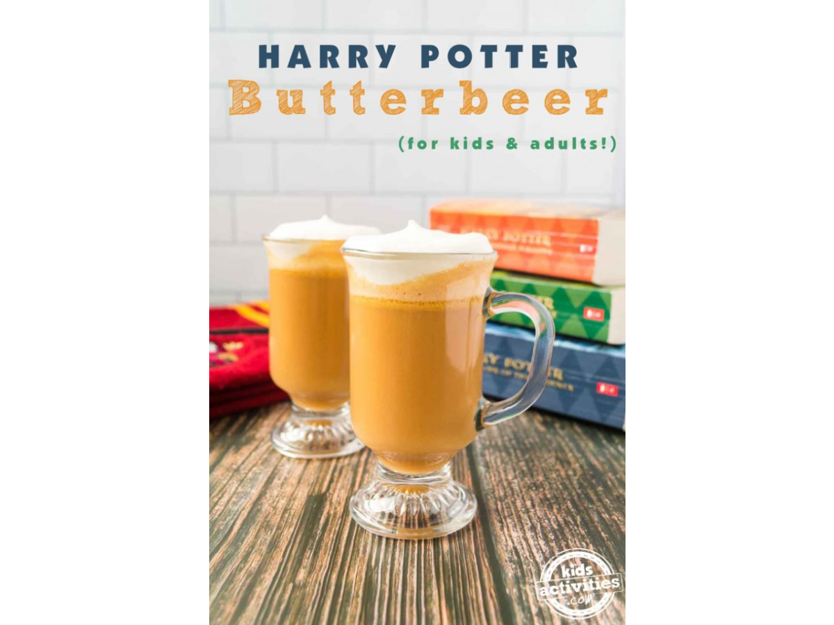 Halloween Recipes- butter beer in a glass with books in the background -Kids Activities Blog
