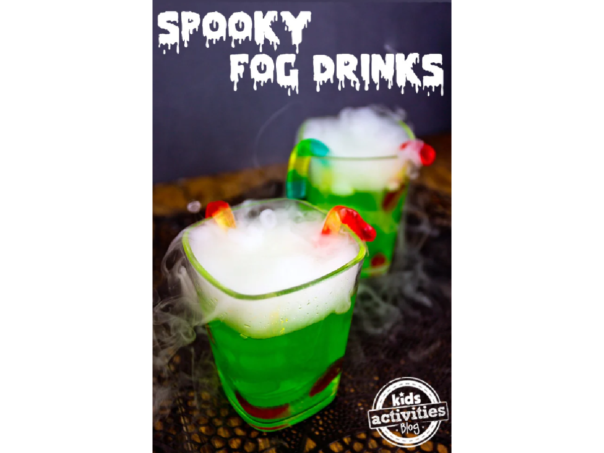 Halloween Recipes- green foggy drink in a glass with worms-Kids Activities Blog