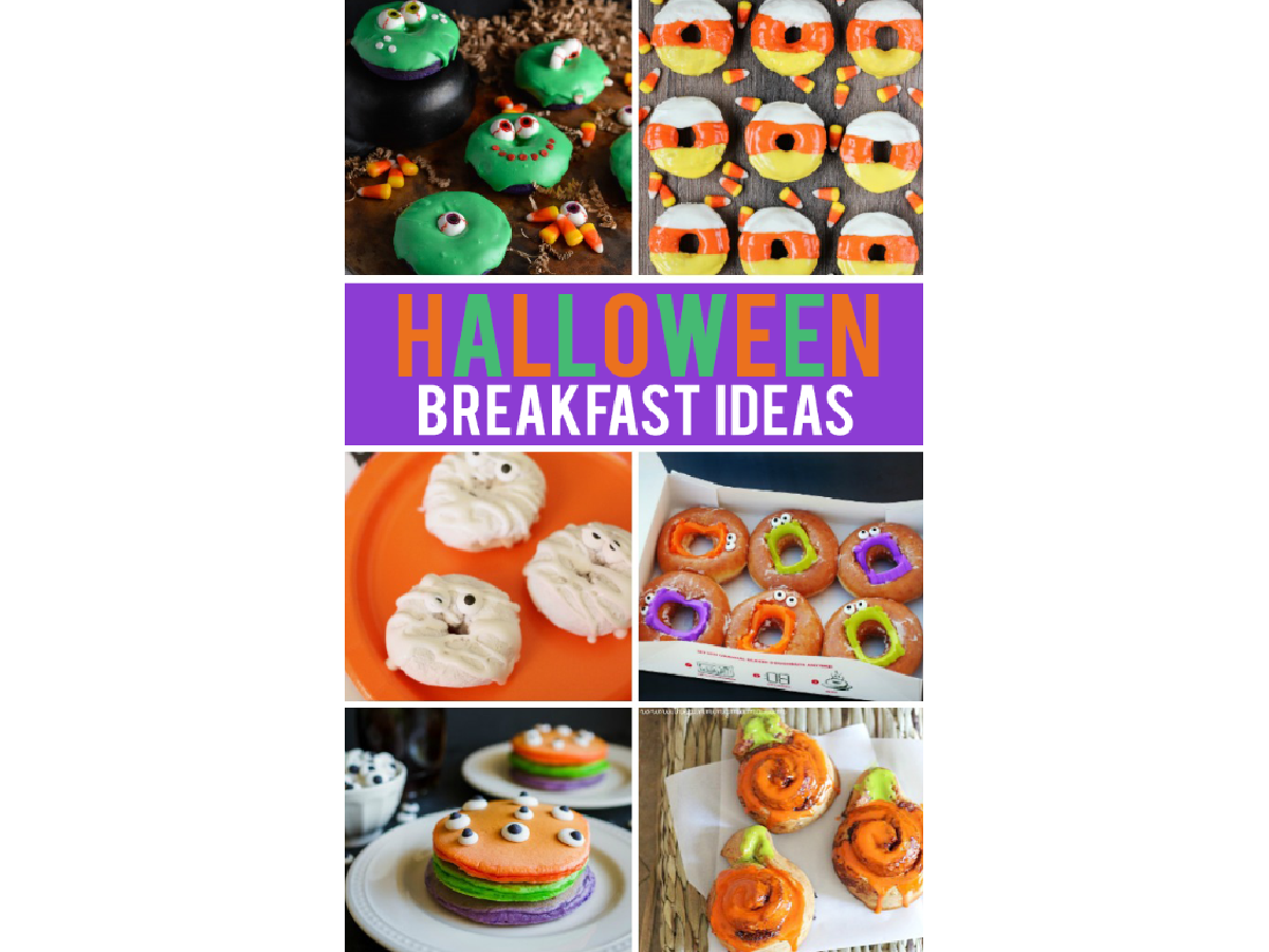 Halloween Recipes- breakfast collage with words- various donuts and sweets -Kids Activities Blog
