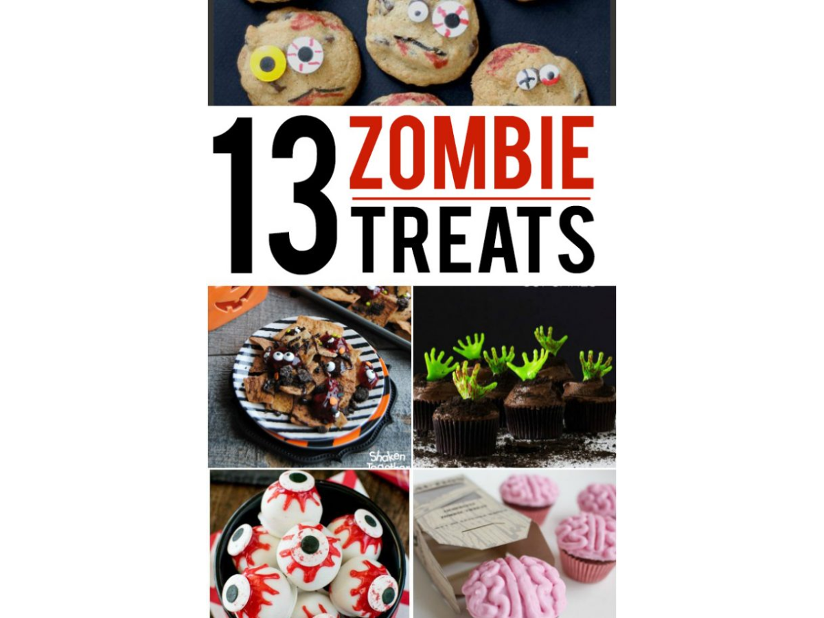Halloween Recipes- text with collage of zombie treats with brains, eye balls, and zombies -Kids Activities Blog
