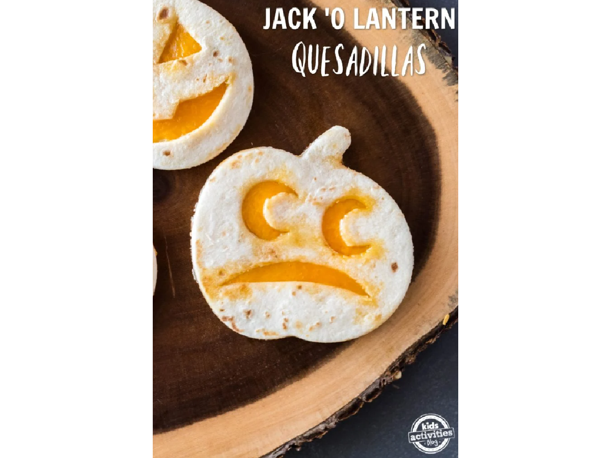 Halloween Recipes- jack o lantern quesadillas with text -Kids Activities Blog
