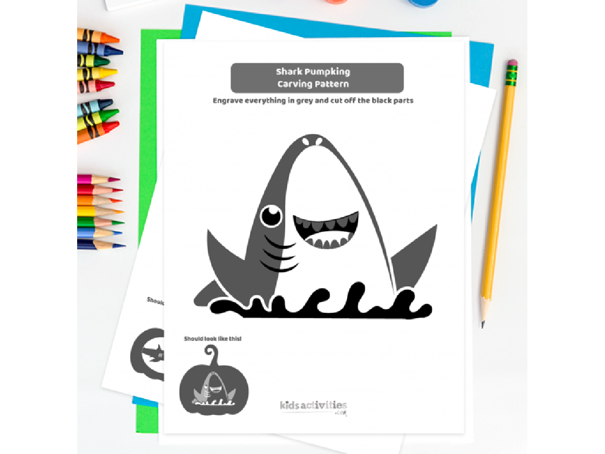 Pumpkin Carving Template- Shark on white page with colorful accessories- kids activities blog