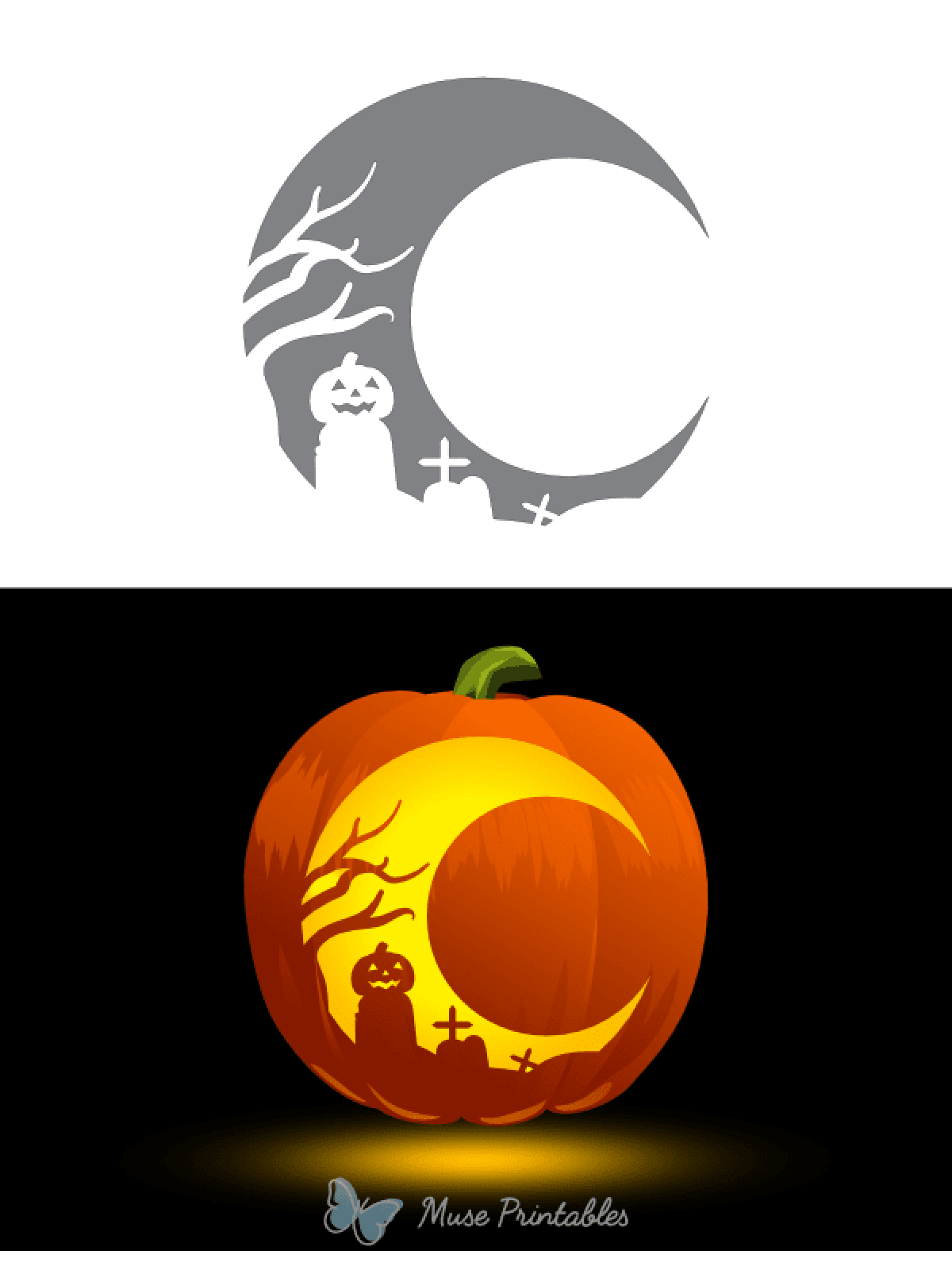 Pumpkin Template- Spooky crescent moon template and jack o lantern with pumpkin, tree and graves -Kids Activities Blog