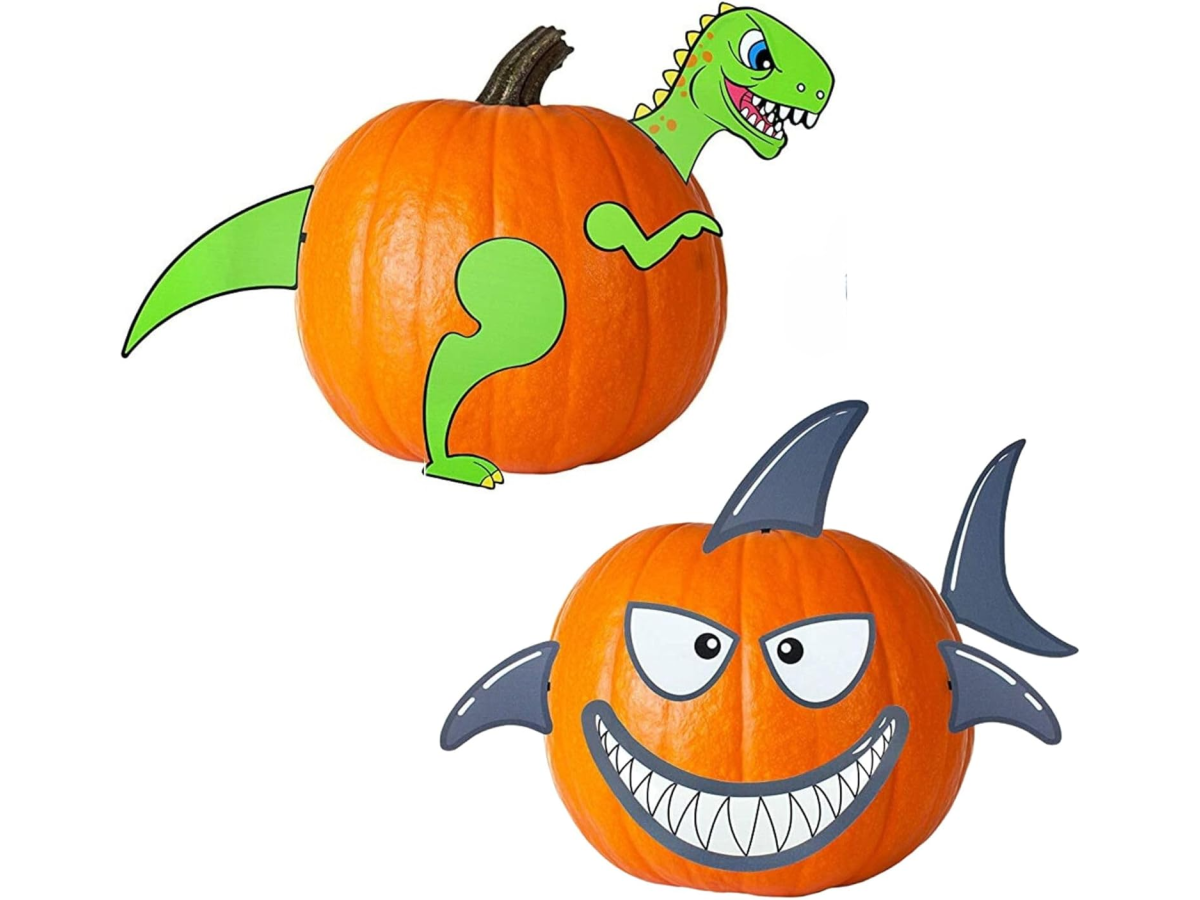 No Carve Ideas- dinosaur and shark push in pumpkin kits-Kids Activities Blog